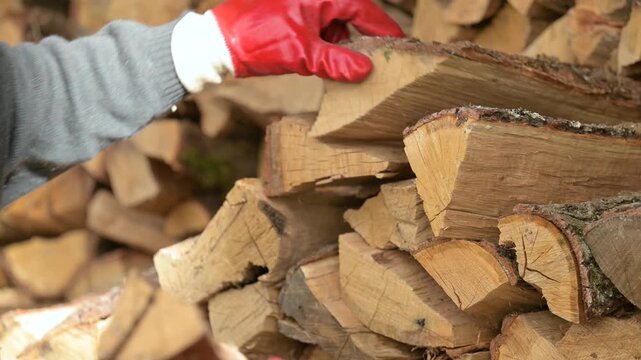 Man in red gloves stacking chopped firewood for heating. The process of wood harvesting and preparation for the heating season as a symbol of labor, energy independence and warmth