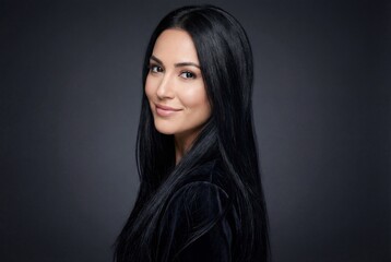 Fototapeta premium Beautiful young woman with long straight black hair looking over shoulder on dark background
