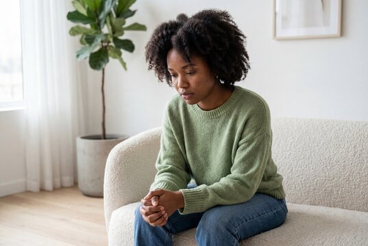 Sad young black woman sitting on sofa looking down