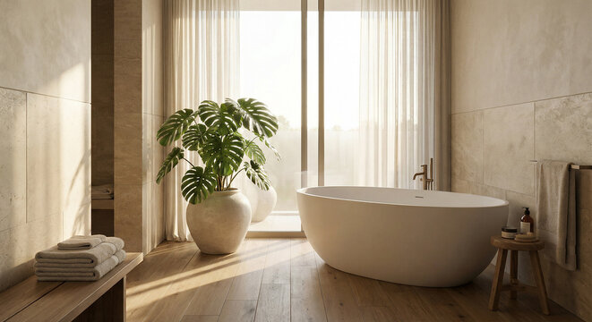 A sunlit luxury bathroom features a freestanding white bathtub, a large potted Monstera plant, sheer curtains, and warm wooden floors, creating a serene spa atmosphere.