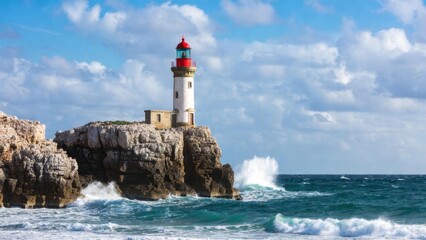 Obraz premium Lighthouse standing on rocky cliff overlooking choppy ocean.