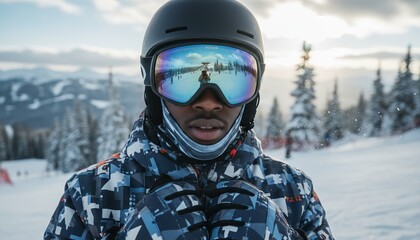Skier in helmet at snowy mountain resort