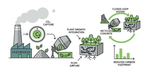 Explaining a complete circular economy process with CO2 capture, plant growth integration, recycled concrete, and reduced carbon footprint