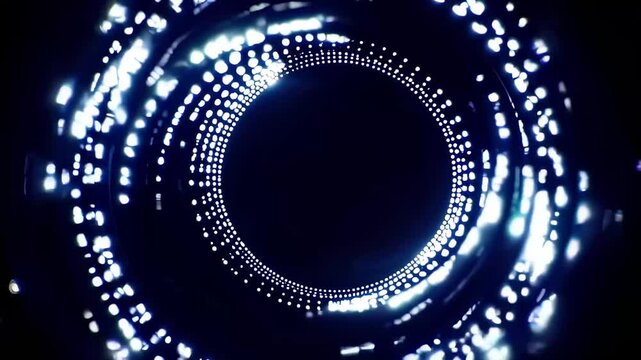 A luminous circular tunnel of blue-white lights spins around a dark center, dotted rings and glints forming a futuristic portal, like a sci‑fi interface or data vortex in motion.