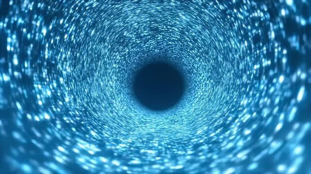 A blue vortex of glowing particles spirals toward a dark center, like a tunnel of light in motion; shimmering dots blur into streaks, suggesting depth, speed, and a hypnotic, sci‑fi flow.