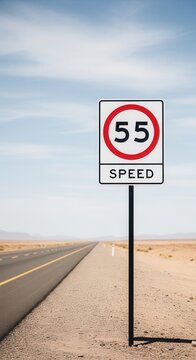 Speed Limit Sign On Desert Road Indicating Fifty-Five Miles Per Hour Under Clear Blue Sky