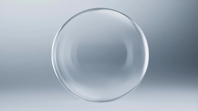 A perfectly round, transparent sphere hovers against a soft gray gradient, its glossy rim catching subtle highlights while the interior stays nearly invisible, evoking glass, air, and minimal design.