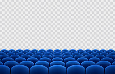 Naklejka na ściany i meble Cinema or movie seats isolated on transparent background. Vector rows of realistic blue theater chairs. Empty hall with armchairs template