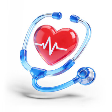 Modern 3D medical icon featuring a blue glass stethoscope and a red heart with a pulse line, symbolizing cardiology and healthcare excellence. Transparent background with a soft shadow