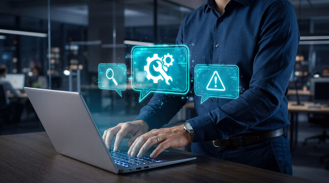 Online IT customer support. Remote help desk chat for technical support. Businessman using laptop computer to provide troubleshooting support.