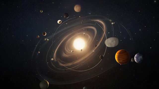 A luminous sun at the center of a swirling solar system, with planets and moons tracing bright orbital paths through deep space, dust rings and distant stars forming a cinematic cosmic scene.