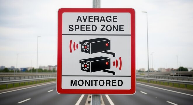 Speed Surveillance Sign On Highway: Monitoring Average Speeds For Road Safety Purposes