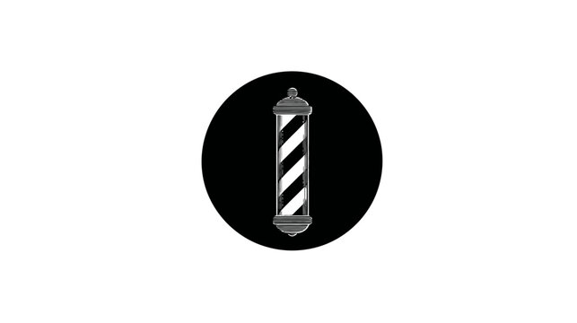 Stylized black and white barber pole illustration enclosed within a perfect black circle