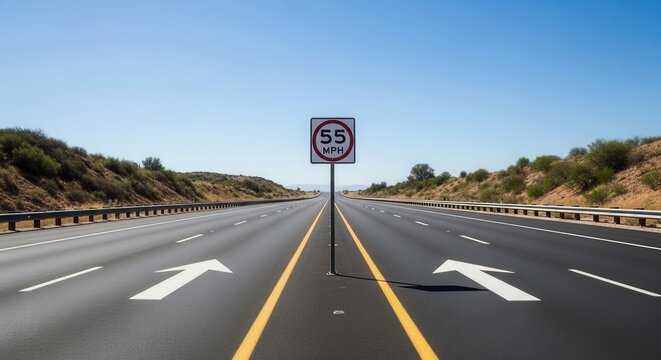 Straight Road Ahead With Speed Limit Sign Indicating Fifty-Five Miles Per Hour