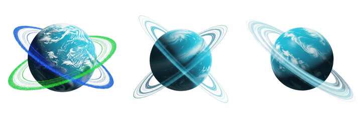 Set and collection of realistic blue Earth-like planets with glowing planetary rings and cosmic energy orbits isolated on white transparent png background © fixa