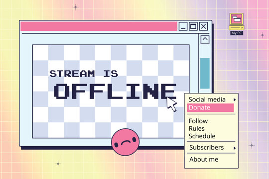 Stream bug. Game streaming offline overlay layot screen, streamer video twitch gamer broadcast retro computer system windows error y2k 90s cartoon background vector illustration