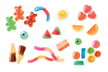 Obraz premium Realistic jelly candy. 3d gummy candies sweet bear fruit cola bottle, soft chewy marmalade worm sugar dessert lollipop bubble gum snack assorted shape, exact vector illustration