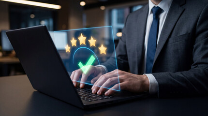 Online IT customer support. Remote help desk chat for technical support. Businessman using laptop computer to provide troubleshooting support.