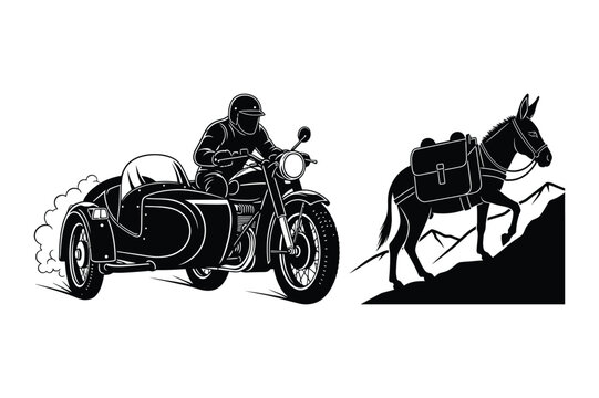 Motorcycle sidecar and donkey on mountain path