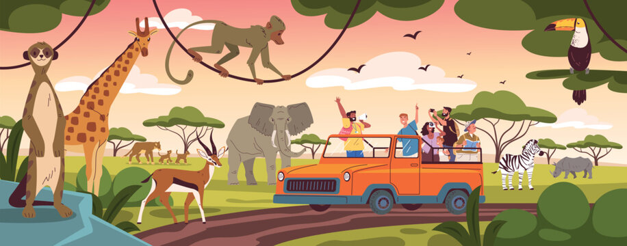 Safari tour. People tourists travel jeep car in africa, take selfie photo with african savanna wild animals jungle nature landscape scene zoo adventure, classy vector illustration