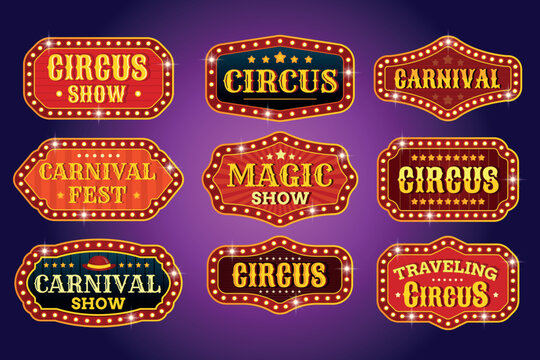 Circus bulb signboards. Carnival marquee retro billboards with text, vintage signage light bulb lamps festival show fair banners lightbox, cartoon set kicky vector illustration