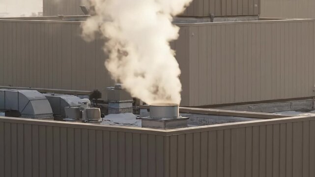Steam billows from industrial vents on a rooftop. The factory exterior is clad in neutral tones.