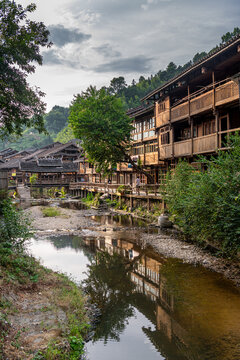 Zhaoxing Dong Zai ancient town Zhao Xing Village in the morning mist, Guizhou province China
