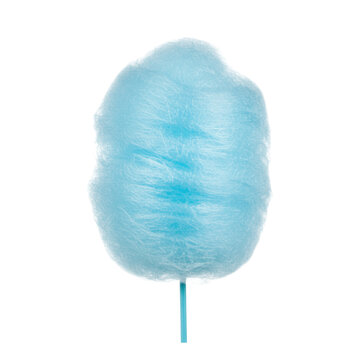 Vibrant, fluffy light blue cotton candy with delicate, airy texture, held by a matching paper stick, isolated against a transparent background with copy space, concept of simple joyful sweet treat