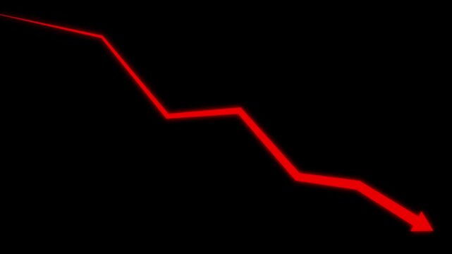 Red Downward Trend Arrow on Black Background Keywords: arrow, down, decline, decrease, graph