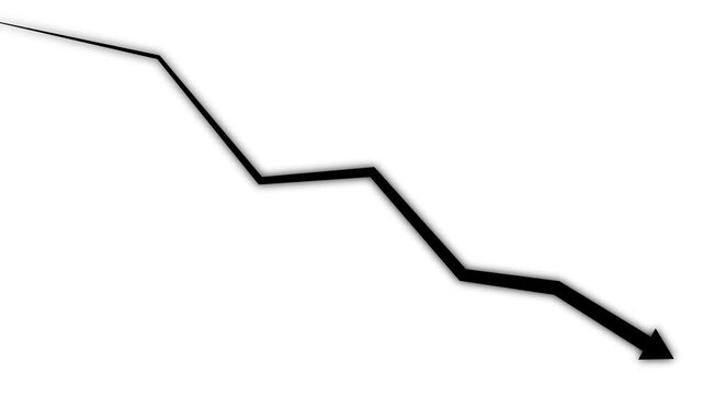 Black Downward Trend Arrow with Shadow on White Background  