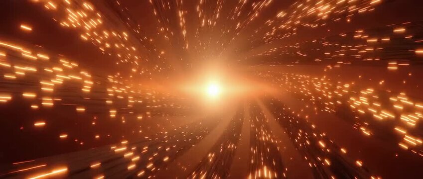 Abstract vortex tunnel with glowing light particles in orange and brown