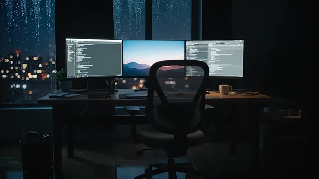 Top down rotating view of a high tech curved desk setup illuminated by red and violet aurora lights outside a large glass wall.

