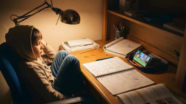 A young student sits under the warm glow of a desk lamp, notebook open on the workspace, but is engrossed in phone videos, exemplifying the distraction that hinders education and learning