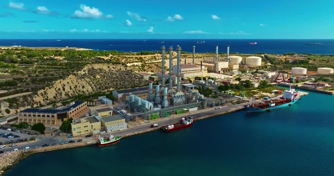 Aerial view of Malta's industrial port at Marsaxlokk. Liquefied natural gas tankers transporting it