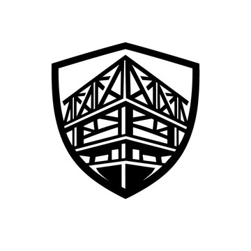 Sleek monochrome shield logo showcasing a unique, angular architectural design featuring intricate structural trusses and a robust foundation, representing engineering prowess, urban development, and
