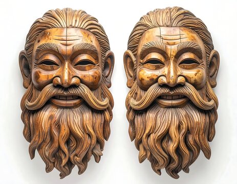 Two intricately carved wooden masks of smiling, bearded older men