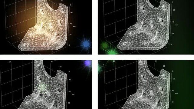 Video animation of metal bracket. Computer 3d modeling and investigation of parameters of steel mechanical part using computer-aided design system. Animated motion effect, screensaver. Technic drawing