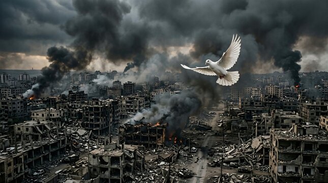 White Dove Flies Over War Torn City Devastation Conflict Destruction Hope Peace Symbol Image