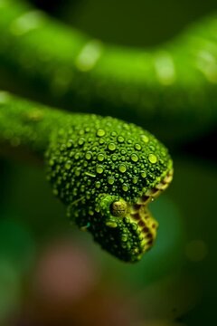 A detailed view of a green tree python's textured skin covered in tiny water beads, showcasing its natural beauty and intricate patterns