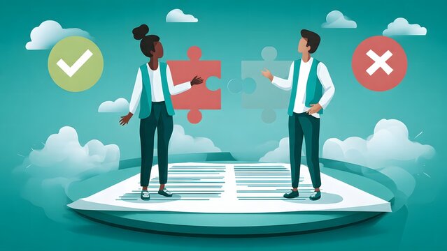 Two individuals fitting puzzle pieces together, representing problem-solving and decision-making with clear right and wrong indicators