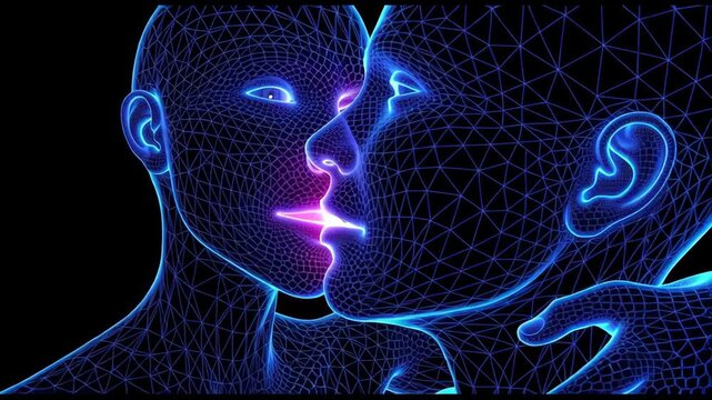Two abstract human heads made of glowing blue digital wireframes lean in for a kiss, representing connection in the digital age