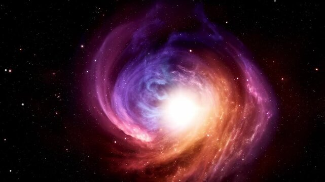 A radiant white core blazes within swirling violet and crimson nebulae, twisting like a galactic maelstrom against a star-speckled void, evoking a newborn star or luminous cosmic vortex.