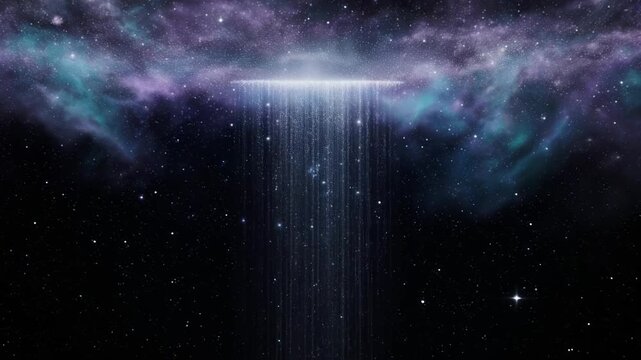 A luminous circular rift hangs in deep space, pouring a shimmering cascade of light into a star-filled void, while violet nebulae curl around the opening, hinting at a portal or wormhole awakening.