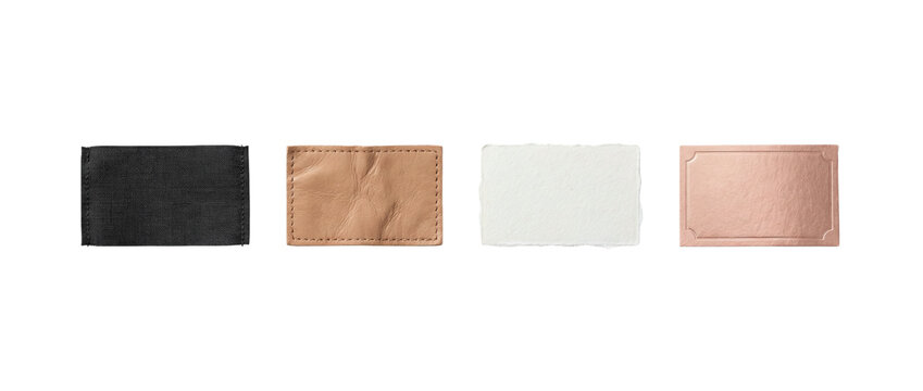Fashion clothing labels set with black fabric leather patch and rose gold foil on a transparent background