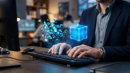 Online IT customer support. Remote help desk chat for technical support. Businessman using laptop computer to provide troubleshooting support.