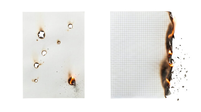 Burnt white paper and burning grid sheet with fire flames on a transparent background