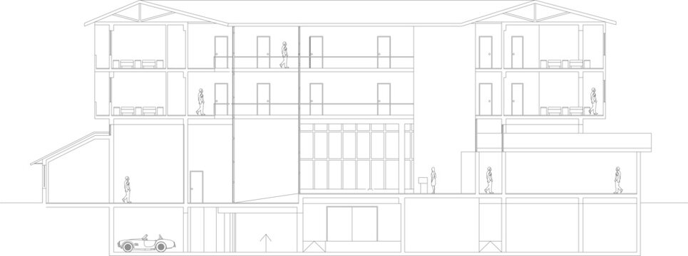 Technical architectural cross-section showing multi-story residential building with interior spaces, human figures for scale, multiple floors, rooms and structural elements.