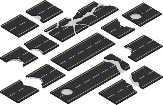 This set shows various pieces of an asphalt road in an isometric perspective. Some sections are smooth and perfect, while others feature deep cracks and dangerous potholes.