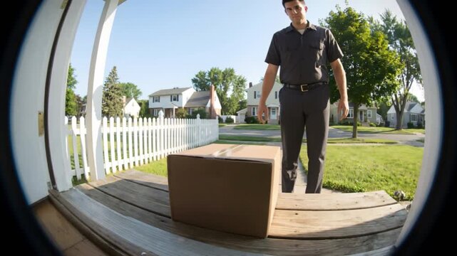 Courier carefully sets down parcel on the porch steps, stepping back to showcase tranquil morning suburban landscape with classic American houses and white picket fences, visible through peephole view