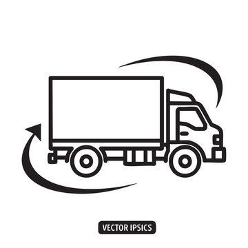 Logistics truck vector illustration with curved arrows indicating movement and rotation around the vehicle